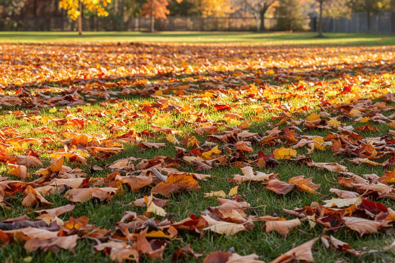 detailny-zaber-zopar-hnedych-jesennych-listov-na-povrchu-kvalitneho-zeleneho-travnika